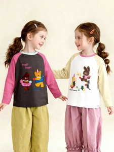 Kids Cartoon Raglan Long Sleeve T-Shirt Contrast Color Cotton Blend Round Neck Casual Pullover Top For Boys Girls