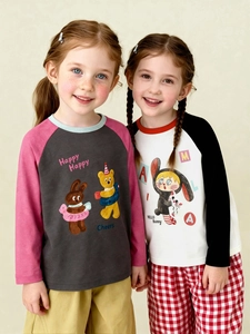 Kids long sleeve raglan T-shirt with cute cartoon print and color blocking design
