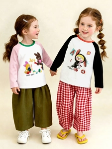 Kids long sleeve raglan t-shirts with cartoon animal prints and color blocking design
