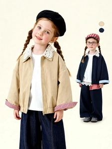 Meisjes Retro Casual Rits Jas Met Kant Omslagkraag Gingham Manchetten Katoen Khaki Marine Lente Kinderjas