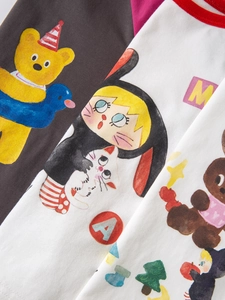 Cotton kids' long sleeve T-shirts with colorful cartoon animal prints and contrast necklines
