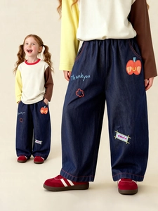 Kids Cartoon Apple Patch Wide Leg Jeans Unisex Elastic Waist Cotton Denim Pants With Letter Embroidery Children Casual Trousers