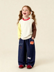 Kids long sleeve shirt and dark blue denim trousers with cartoon embroidery details