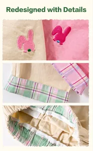 Detail of children's cotton trousers featuring rabbit embroidery and plaid fabric lining