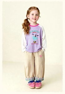 Girl's pink striped elephant print T-shirt and beige wide-leg pants with plaid cuffs