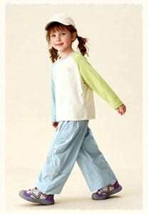 Kids spring casual outfit featuring blue wide-leg pants and a color-block raglan sleeve T-shirt