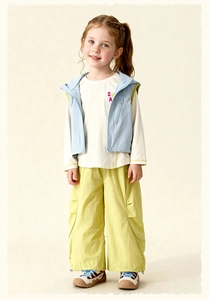 Kids casual outfit featuring a light blue vest, white tee, and lime green wide-leg pants