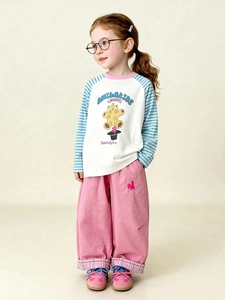 Three-piece spring set for kids with circus bear tee and pink embroidered wide-leg pants
