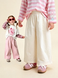 Kids wide leg cotton pants in cream and pink with stylish striped long sleeve t-shirts