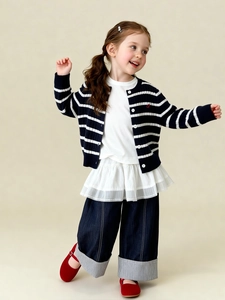 Girls striped navy cardigan set with lace t-shirt and wide-leg denim jeans outfit