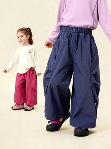 Kids casual cargo pants in navy and pink with elastic waist and side pockets