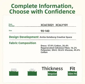 Size chart and fabric composition details for girls' lace collar shirts and dresses