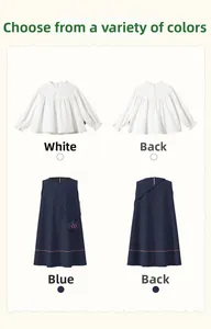 Detail of girls sleeveless denim dress with heart pocket and white ruffle sleeve shirt