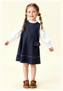 Detail of girls' denim pinafore dress with lace collar shirt and cloud-shaped bag