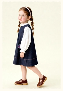 Detail of girls denim dress with ruffle collar white shirt and colorful embroidery