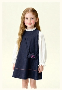 Detail of girls denim jumper dress with a white ruffled collar shirt and cloud pouch
