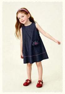 Detail of a navy denim sleeveless A-line dress for girls with a cloud-shaped mini bag