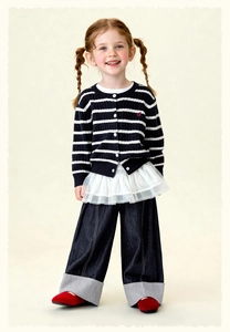 Détail du cardigan rayé avec ourlet en tulle et jean large pour petite fille