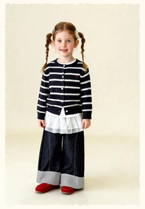 Fille en gilet rayé bleu marine et jean large avec revers à rayures aux chevilles