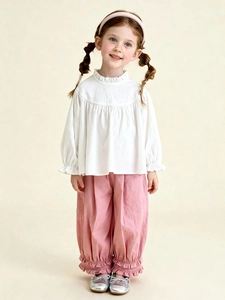 Girls' white lace collar shirt and pink ruffled pants two-piece set for spring wear