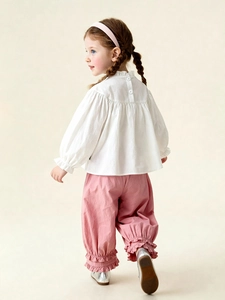 Girls white ruffle collar shirt and dusty pink bloomers outfit in French rural style