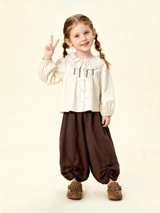 Children's vintage cream lace blouse and brown pleated harem pants two-piece set