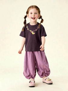 Girls' purple short sleeve t-shirt and ruffled loose casual pants two-piece outfit