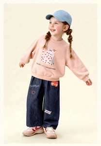 Pink cartoon sweatshirt and dark blue wide-leg jeans outfit set for young girls
