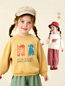 Kids long sleeve crewneck sweatshirt with cartoon prints in yellow and off-white colors