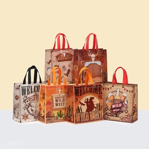 Wild West Cowboy Themed Laminated Gift Bag Cartoon Print Waterproof Shopping Tote Bag For Party Favors Storage Packaging