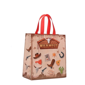 Cartoon Wild West themed waterproof non-woven gift shopping bag with red handles