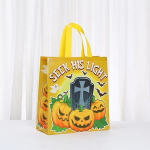 Yellow Halloween non-woven gift bag with pumpkin, ghost, and bat prints for celebrations