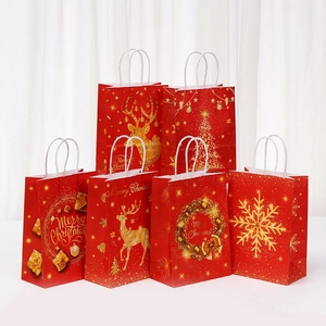 Festive Christmas Paper Gift Bag Red Kraft Paper Handbag Merry Christmas Printed Packaging Bag For Holiday Party Decoration
