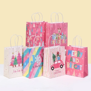 Pink Christmas Gift Paper Bag Portable Festive Shopping Party Wrapping Handle Bag Christmas Tree Reindeer Print