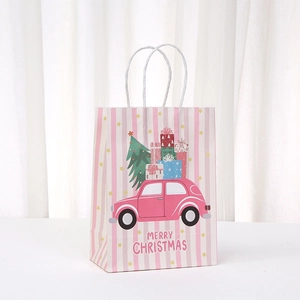 Pink striped Christmas gift bag with festive vintage car and tree illustration