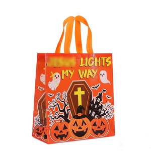 Halloween non-woven shopping bag featuring vibrant orange pumpkin and castle prints