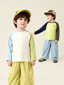 Kids Boys Casual Clothing Set Contrast Color Raglan Long Sleeve T-Shirt And Cargo Pants Outfit For Spring Autumn Everyday