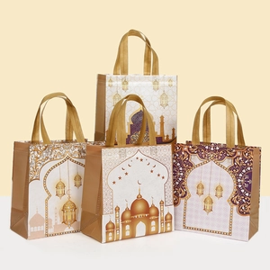 Eid Ramadan Mubarak Non-Woven Gift Bags Islamic Mosque Lantern Pattern Festival Party Favors Tote Bags With Gold Handles