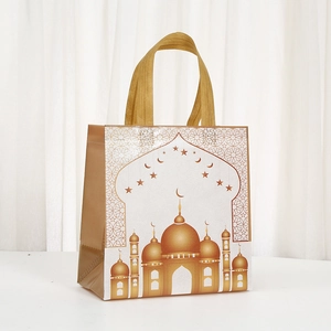 Waterproof non-woven Ramadan gift bag with gold moon and mosque print for Eid party