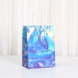 Holographic Laser Kraft Paper Gift Bag With Snowflake Pattern Gradient Purple Blue Handle Bag For Christmas Party Wedding