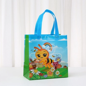 Laminated non-woven tote bag with colorful cartoon bee and floral patterns for shopping