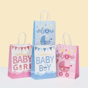 Baby Shower Gift Bags Kraft Paper Handheld Treat Bags Boy Girl Gender Reveal Party Favors Welcome Baby Cartoon Print Birthday