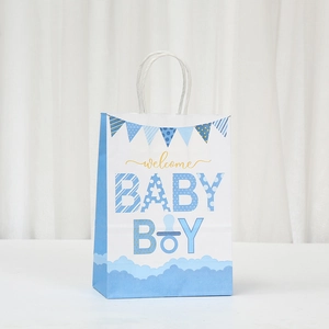 Sky blue Welcome Baby Boy kraft paper gift bag with polka dots and white rope handles
