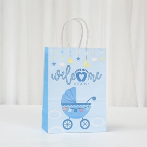 Blue welcome little boy gift bag with baby stroller and star prints for baby showers