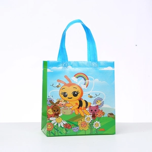 Waterproof non-woven gift bag featuring vibrant cartoon bee and rainbow prints