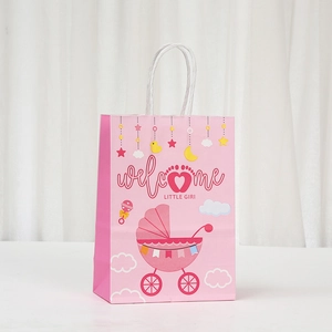 Pink kraft paper gift bag with welcome little girl print and cartoon baby carriage motif