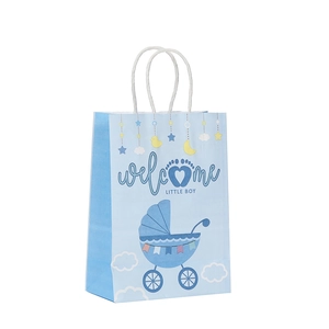 Light blue Welcome Little Boy paper gift bag with baby carriage and white rope handles
