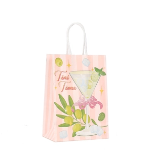 Pink striped kraft paper gift bag with Tini Time cocktail illustration and white handles