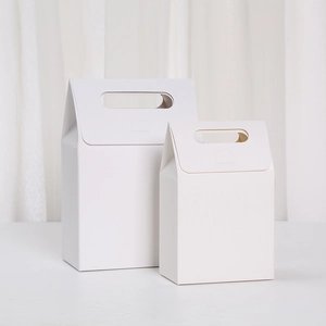 Minimalist white cardboard gift boxes with handles for premium party favors packaging