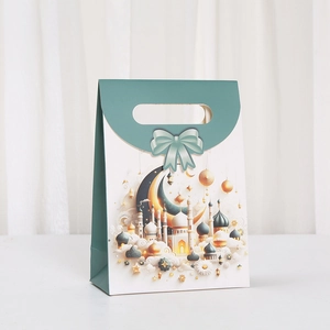 White and green crescent moon gift bag with mosque illustration for Ramadan festival